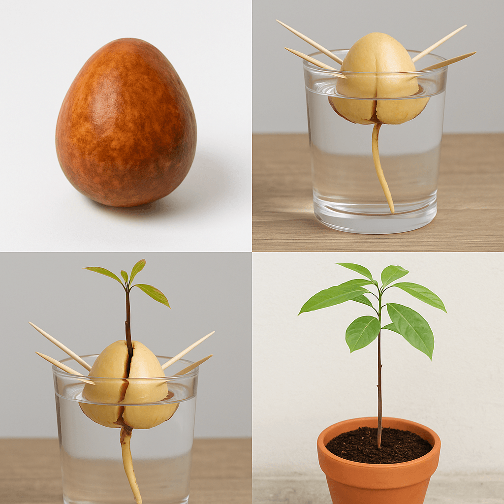 Avocado: Come Coltivarlo Bene, in Casa o in Orto 1 Fasi di crescita dell’avocado dal seme: dal nocciolo in acqua con stecchini fino alla giovane piantina pronta per il trapianto, illustrate con foto scattate durante il mio percorso di coltivazione domestica.