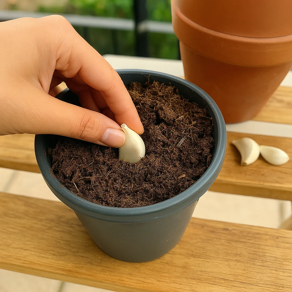 Coltivare Aglio Biologico: Terreno, Semina, Concimazione 4 Mano che pianta uno spicchio d'aglio in un vaso riempito di terriccio, pronto per la coltivazione dell'aglio in vaso.