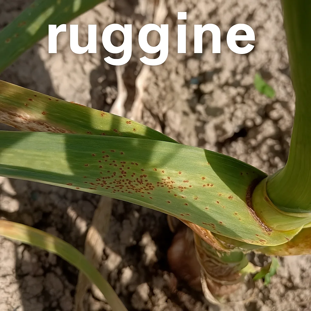 Coltivare Aglio Biologico: Terreno, Semina, Concimazione 6 Foglia di pianta d'aglio affetta da ruggine, con macchie arancioni e marroni evidenti sulla superficie verde.