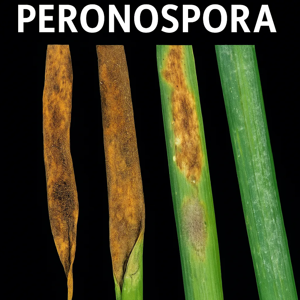 Coltivare Aglio Biologico: Terreno, Semina, Concimazione 5 Foglie di aglio affette da Peronospora (Peronospora destructor), con macchie marroni e segni di infezione visibili, etichettate con la scritta 'PERONOSPORA' in alto.