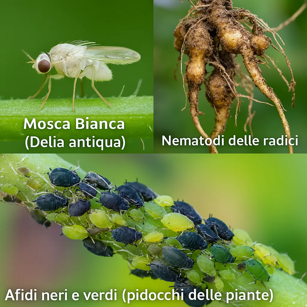 Coltivare Aglio Biologico: Terreno, Semina, Concimazione 8 Collage di tre fotografie ravvicinate che mostrano i principali parassiti dell'aglio: Mosca bianca (Delia antiqua), Nematodi delle radici e Afidi neri e verdi (pidocchi delle piante).