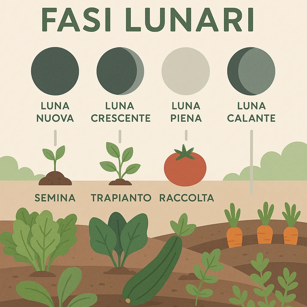 Calendario Semina Orto Mese per Mese: Guida Completa 3 Illustrazione educativa con le quattro fasi lunari (luna nuova, crescente, piena, calante) sovrapposte a uno sfondo con orto stilizzato. Ogni fase è collegata a un’attività: semina, trapianto, raccolta. Design armonioso, con colori pastello e grafica pulita.