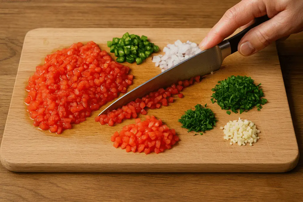 Ricetta Acili Ezme Turca: Salsa Piccante Fatta in Casa 1 Ingredienti freschi per acili ezme tritati finemente a coltello: pomodori, peperoncini, cipolla, aglio e prezzemolo