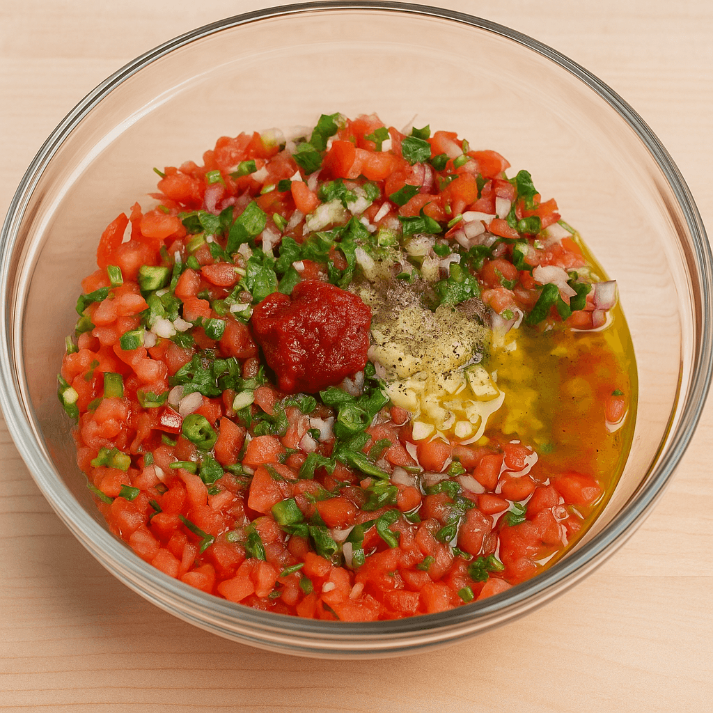 Ricetta Acili Ezme Turca: Salsa Piccante Fatta in Casa 2 Ingredienti per acili ezme mescolati in una ciotola con olio extravergine, limone, sale e pepe