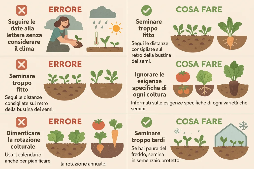 Calendario Semina Orto Mese per Mese: Guida Completa 4 Infografica educativa in italiano con cinque errori comuni nell’orto e le relative soluzioni. Ogni coppia è illustrata con disegni chiari: a sinistra l’errore con simbolo rosso ❌, a destra la soluzione con simbolo verde ✅. Gli argomenti trattati includono clima, semina fitta, esigenze delle colture, rotazione colturale e tempi di semina. Stile ordinato e colori naturali.