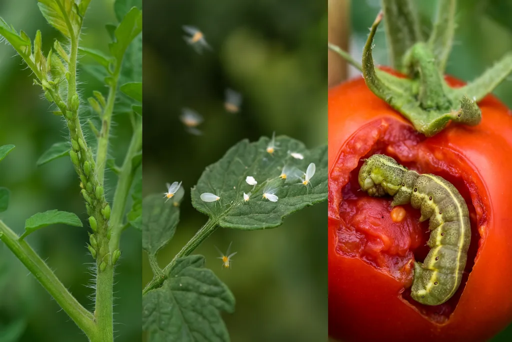 Pomodori in Orto e In Vaso: Guida Pratica Completa 2025 7 Collage di tre fotografie che mostrano afidi su germogli di pomodoro, mosca bianca in volo tra le foglie, e nottua su un frutto danneggiato