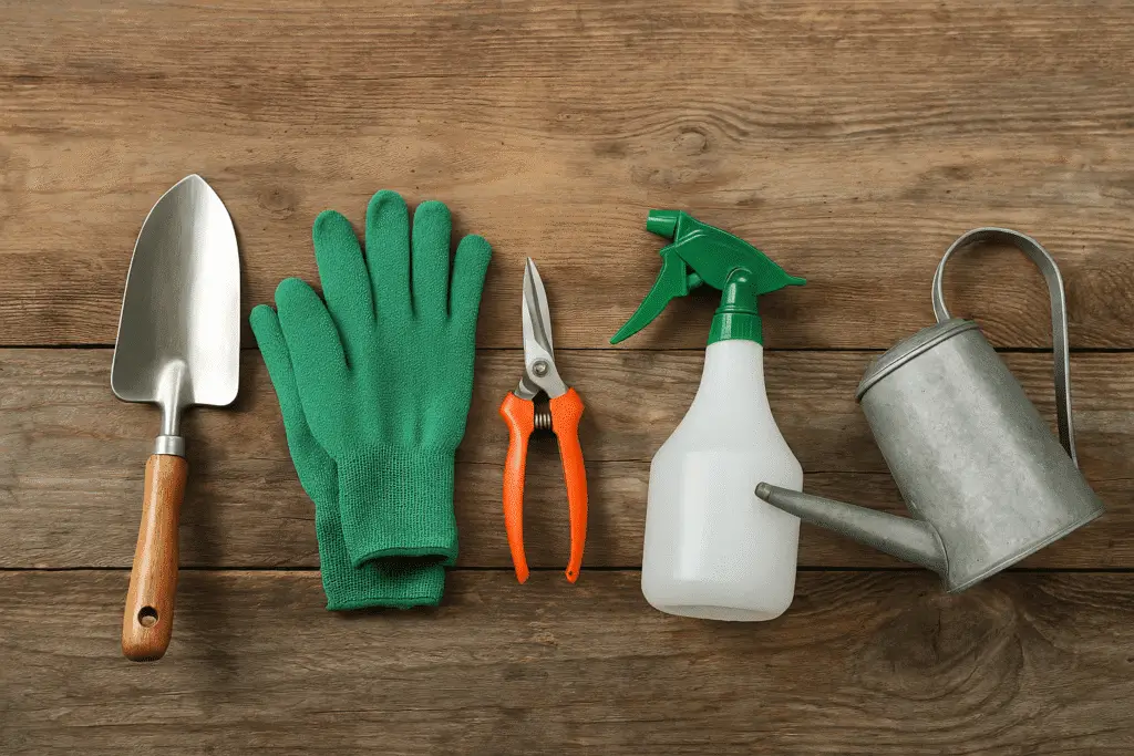 Coltivare l’Orto sul Balcone: Idee, Consigli e Piante Giuste 5 Set di attrezzi per orto sul balcone disposti su tavola in legno: paletta da giardinaggio, guanti verdi, forbici da potatura, spruzzino per foglie e annaffiatoio in metallo.