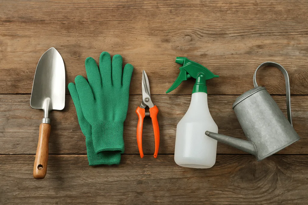 Coltivare l’Orto sul Balcone: Idee, Consigli e Piante Giuste 5 Set di attrezzi per orto sul balcone disposti su tavola in legno: paletta da giardinaggio, guanti verdi, forbici da potatura, spruzzino per foglie e annaffiatoio in metallo.