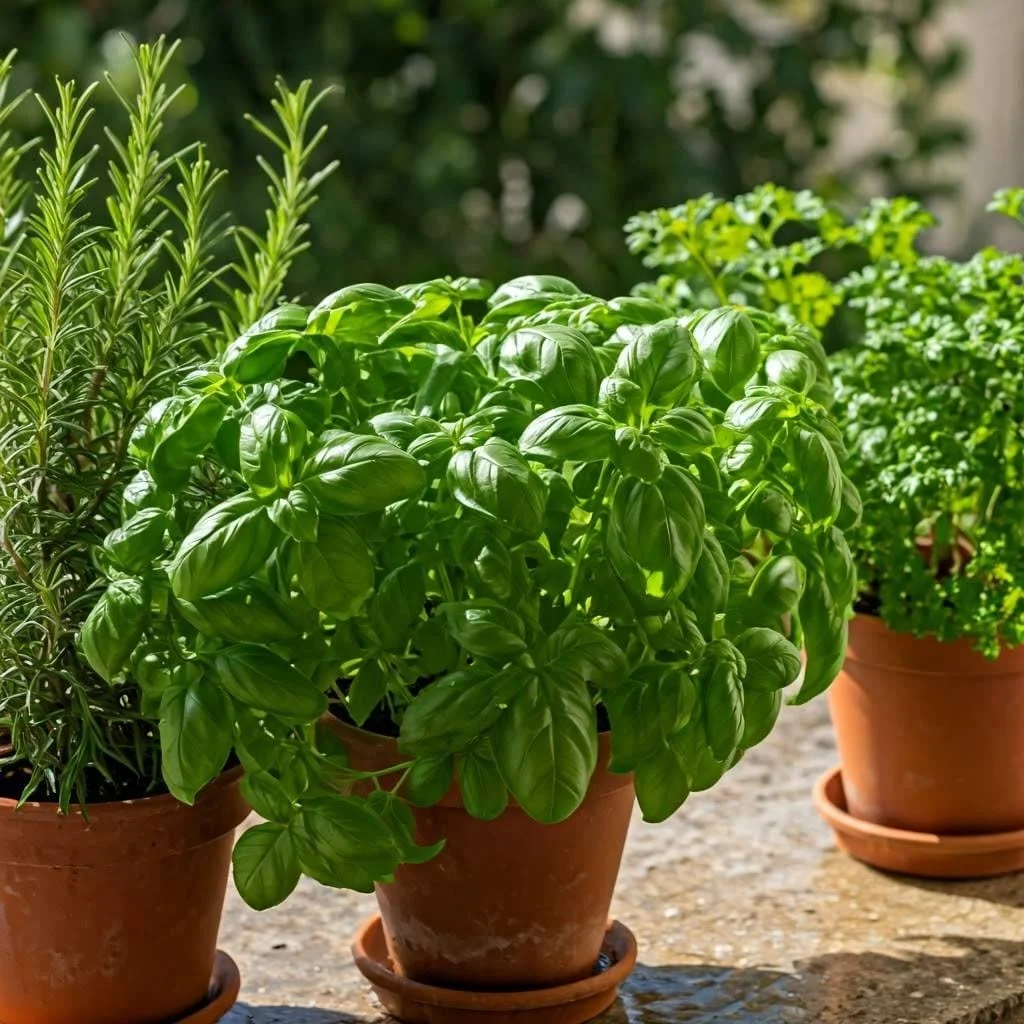 Come coltivare il basilico in vaso: piante rigogliose in un orto casalingo, ideali per balconi e terrazzi.