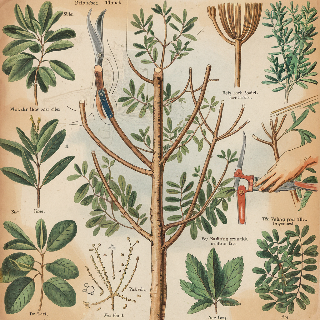 Illustrazione botanica che mostra diverse tecniche di potatura per piante ed erbe officinali.