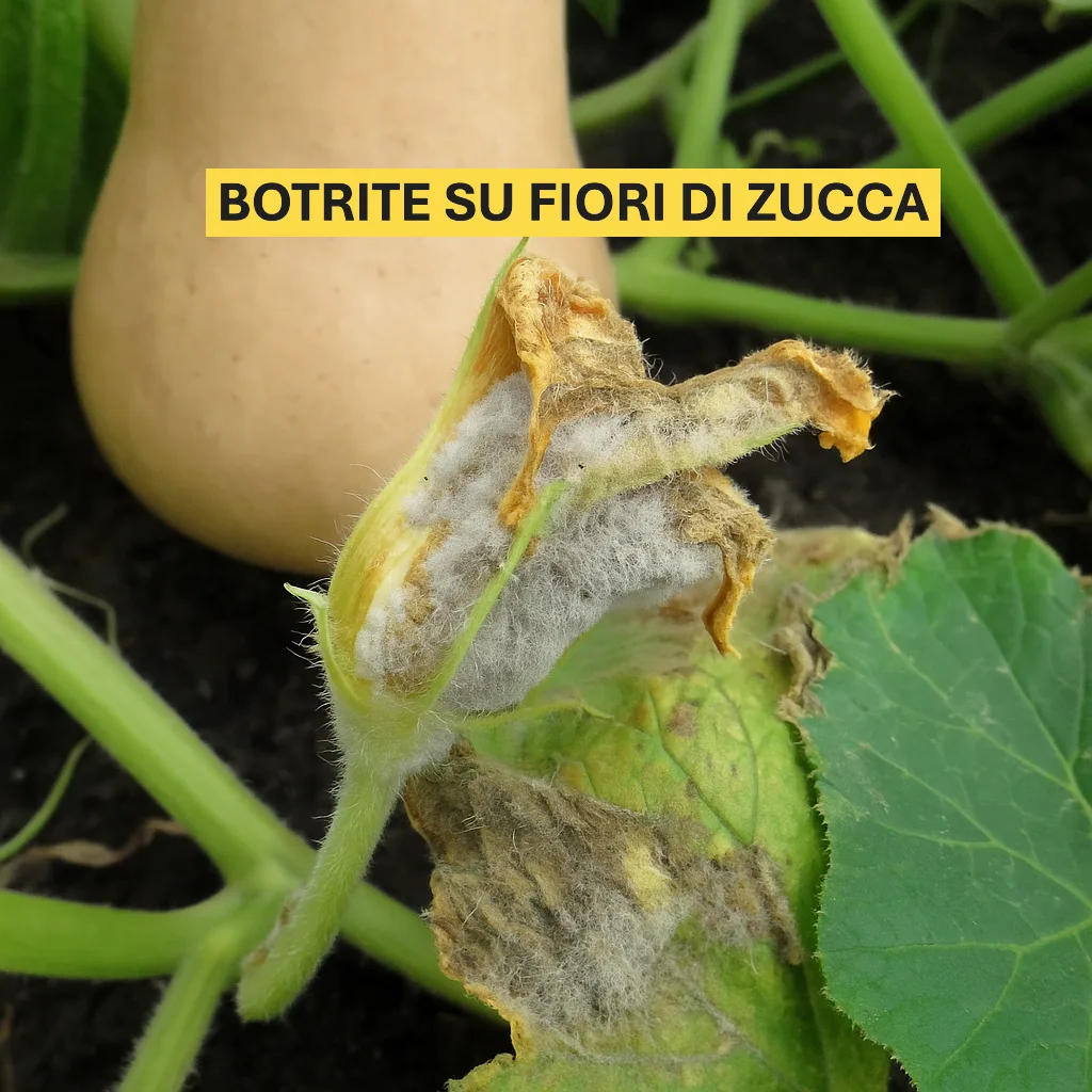 Come Coltivare la Zucca nell'Orto e in Vaso: Guida Completa 10 Fiore di zucca appassito colpito da botrite con muffa grigia visibile