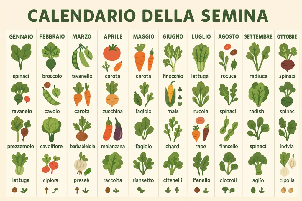 Calendario Semina Orto Mese per Mese: Guida Completa 1 Infografica illustrata in orizzontale con i 12 mesi dell’anno. Per ogni mese sono indicati ortaggi e piante da seminare, trapiantare e raccogliere, con simboli chiari e disegni colorati su sfondo beige. Titolo "Calendario della Semina" in italiano.