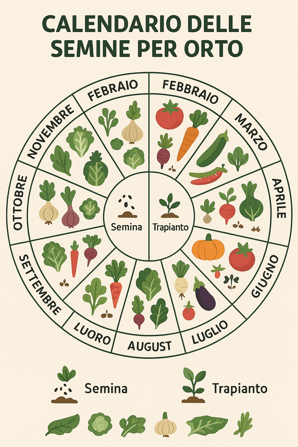 Infografica illustrata con ruota dei 12 mesi che mostra ortaggi da seminare e trapiantare nell'orto mese per mese.