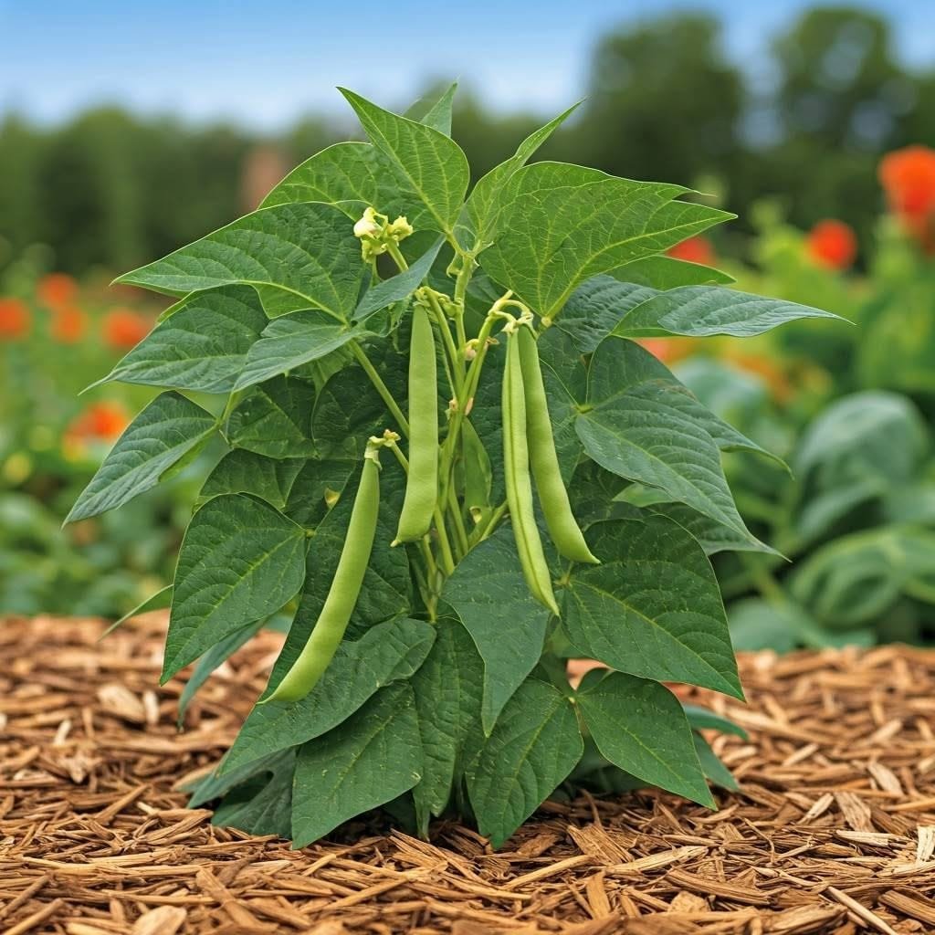 Pianta di fagioli sana con baccelli maturi in un giardino ben curato. Il terreno è ricoperto di pacciame e il cielo luminoso sullo sfondo crea un'atmosfera naturale - guida su come coltivare fagioli