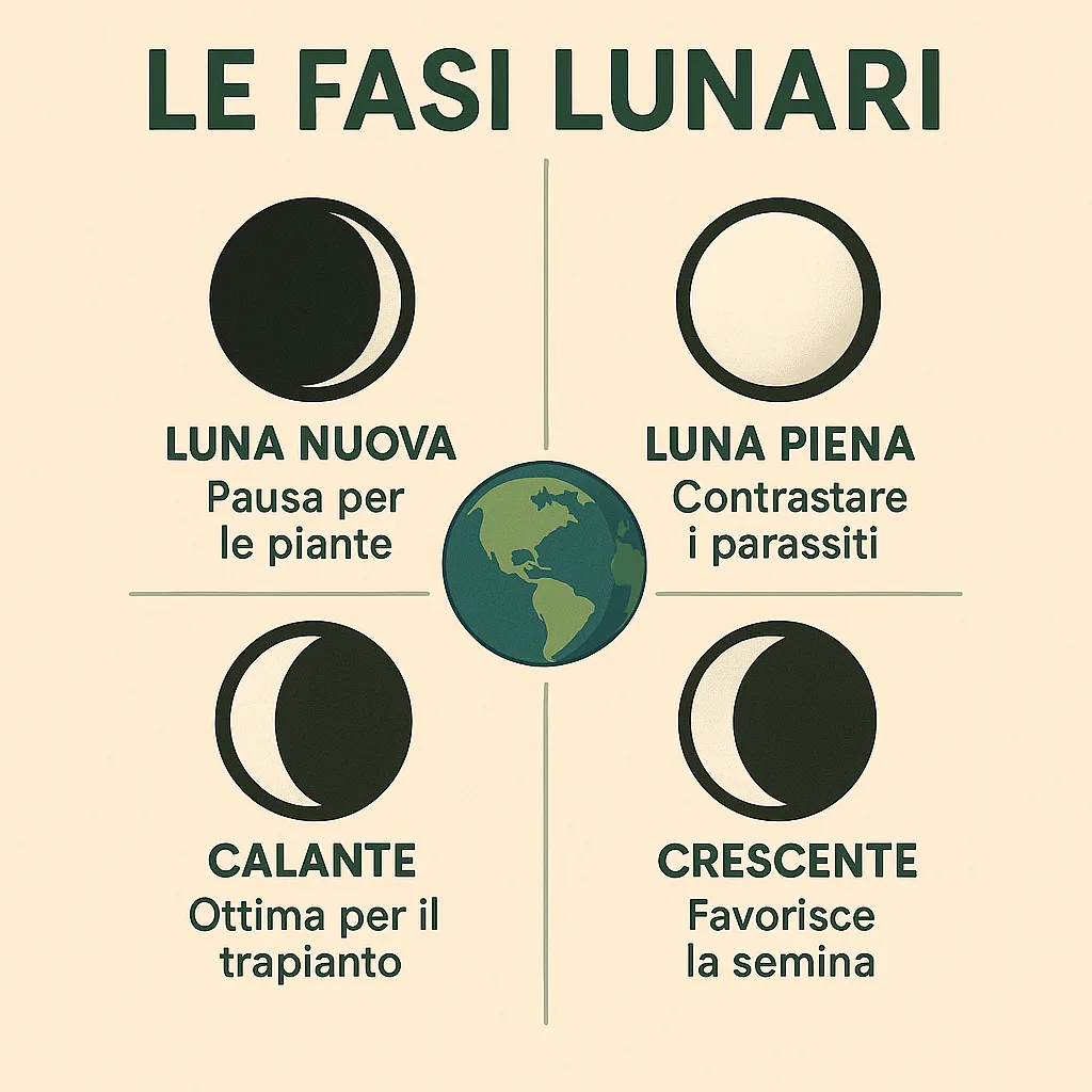 Calendario Lunare Orto 2025:Semina e Trapianti Mese per Mese 1 Infografica educativa che mostra le quattro fasi lunari principali (luna nuova, crescente, piena e calante) con spiegazione degli effetti sulle piante.