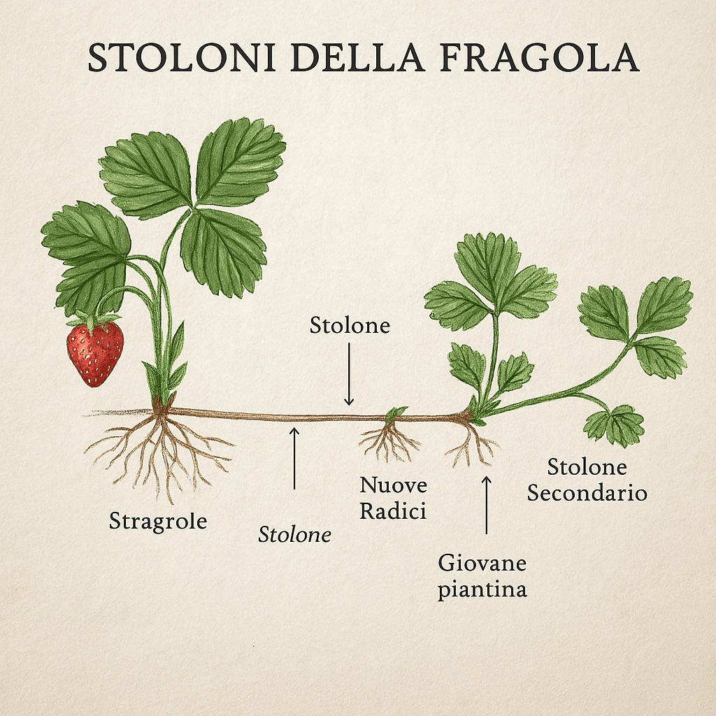 Coltivare Fragole in Vaso e Orto: Guida Completa 8 Illustrazione botanica del ciclo degli stoloni della fragola, dalla pianta madre alla nuova piantina