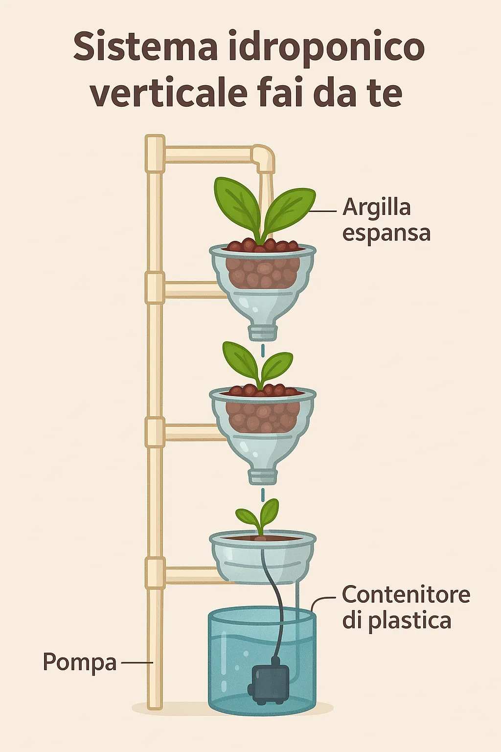 Coltivazione Idroponica in Casa: Guida Completa per Iniziare 5 Sistema idroponico verticale fai da te realizzato con bottiglie di plastica da 1,5 litri, struttura in legno, pompa e serbatoio alla base. L'acqua sale e scende per gravità irrigando le piante.