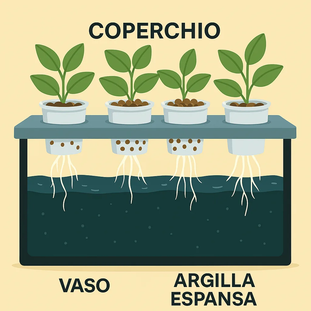 Coltivazione Idroponica in Casa: Guida Completa per Iniziare 4 Grafica di un Sistema idroponico DWC fai da te, con contenitore, coperchio, bicchieri forati, argilla espansa, pompa da acquario per ossigenare l'acqua.