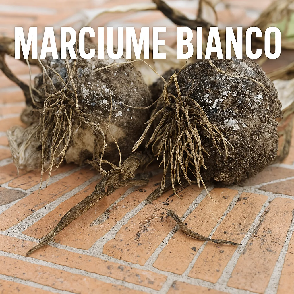 Coltivare Aglio Biologico: Terreno, Semina, Concimazione 7 Bulbi di aglio colpiti da Marciume Bianco, con segni evidenti di muffa bianca e deterioramento delle radici e dei bulbi.
