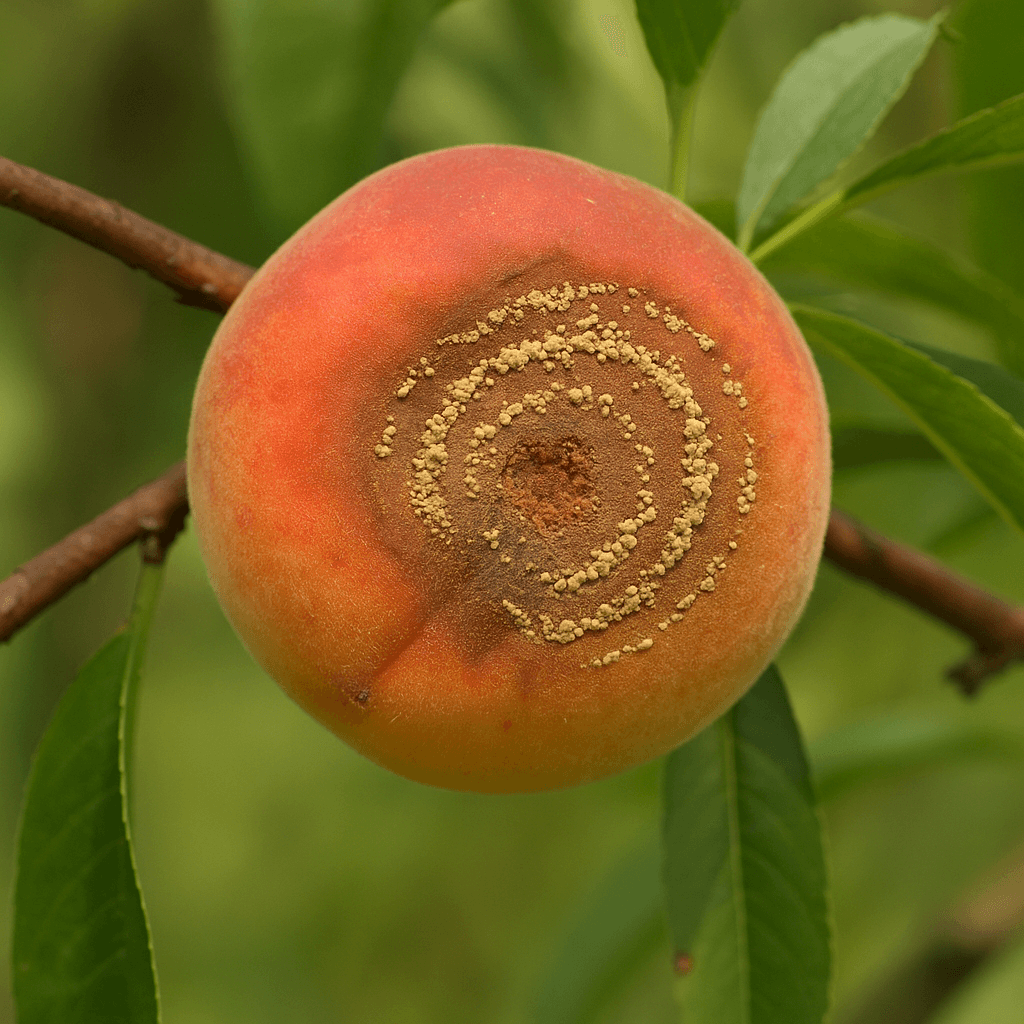Coltivazione del pesco: tecniche, cure e varietà consigliate 10 Frutto di pesco colpito da monilia con marciume e muffa grigia disposta in cerchi concentrici sulla buccia