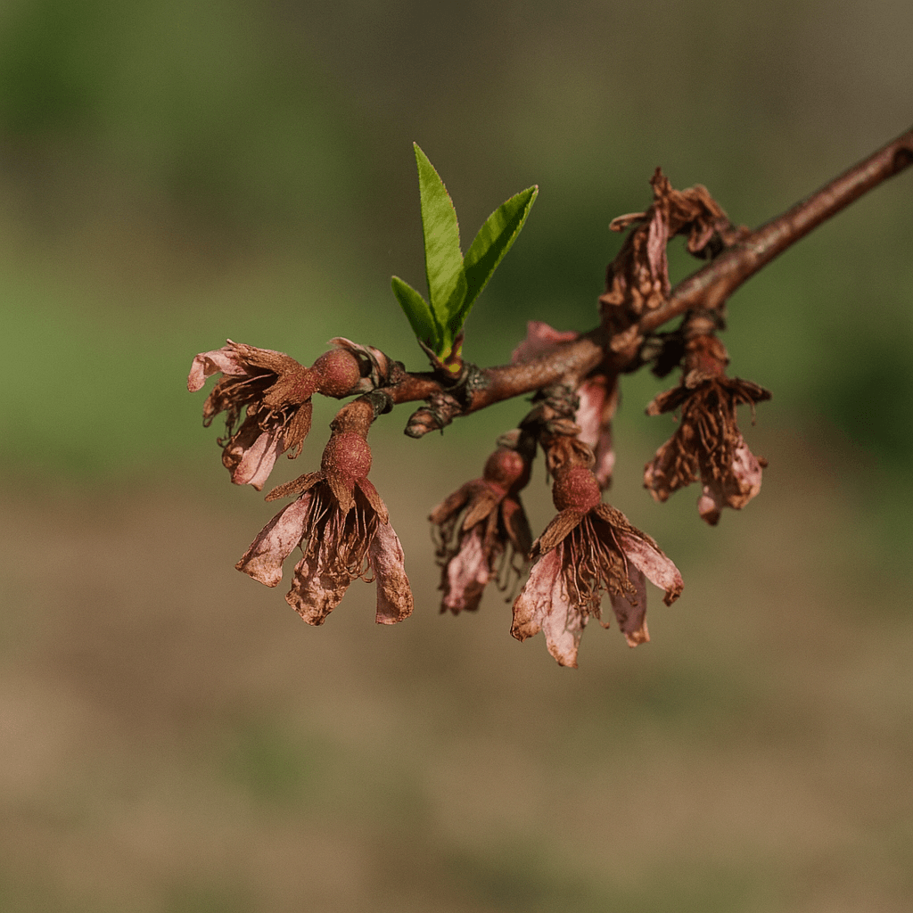 Coltivazione del pesco: tecniche, cure e varietà consigliate 9 Fiori di pesco appassiti colpiti da monilia, con petali secchi e scuri ancora attaccati al ramo