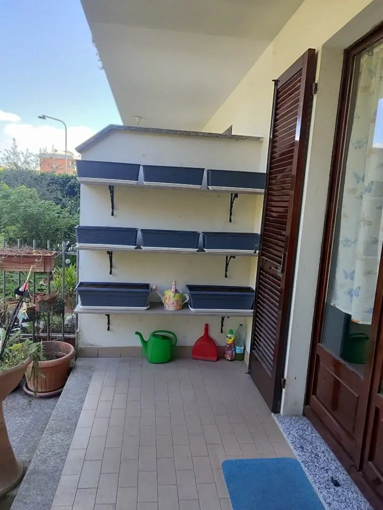 Coltivare l’Orto sul Balcone: Idee, Consigli e Piante Giuste 6 Balcone attrezzato con mensole e vasche rettangolari fissate al muro, esempio di orto verticale salvaspazio in ambiente urbano.
