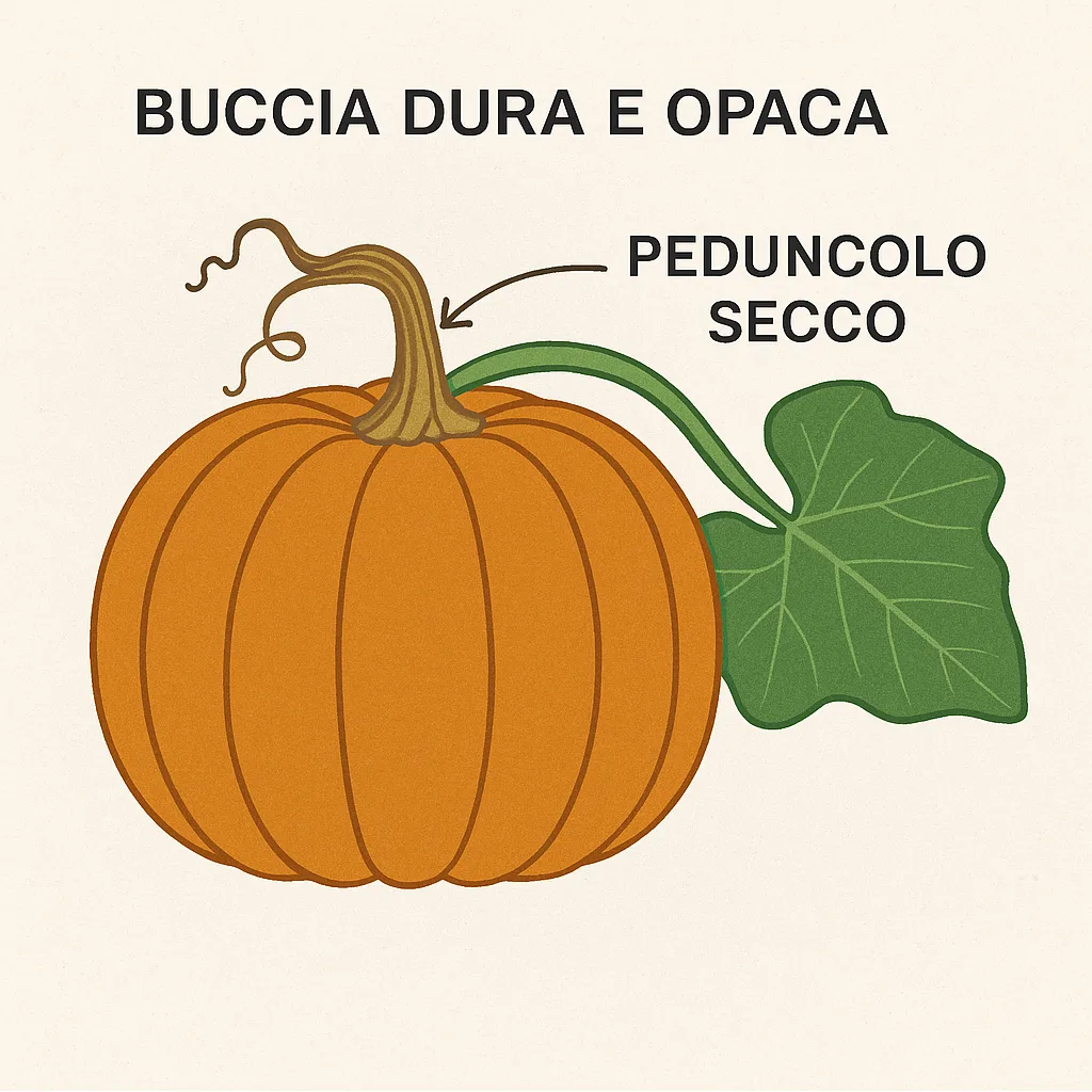 Come Coltivare la Zucca nell'Orto e in Vaso: Guida Completa 14 Illustrazione di una zucca matura con buccia dura e peduncolo secco pronto per la raccolta