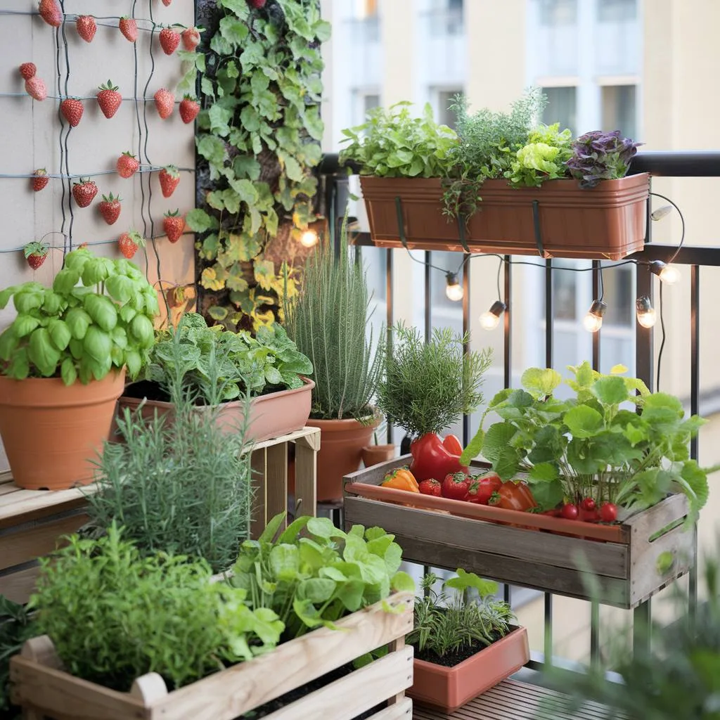 Un orto urbano su un balcone con vasi di erbe aromatiche, ortaggi e fioriere verticali.
