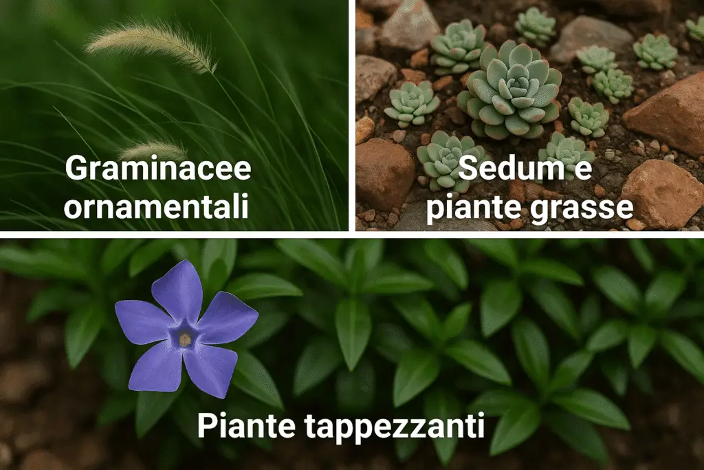 Come Progettare un Giardino da Zero Senza Esperienza 6 Collage di tre immagini ravvicinate di piante da giardino resistenti alla siccità. In alto a sinistra, graminacee ornamentali con foglie sottili e piumose. In alto a destra, piante grasse e sedum tra pietre in un terreno asciutto. In basso, una pianta tappezzante con foglie verdi lucide e un fiore viola di vinca. Ogni sezione è etichettata con testo bianco: