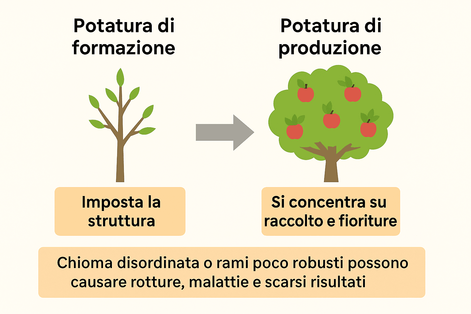 Potatura di Formazione: Tecniche, Periodi, Errori da Evitare 1 Schema visivo che confronta potatura di formazione e potatura di produzione negli alberi da frutto, con focus su struttura, raccolto e rischi di chioma disordinata o rami poco robusti.
