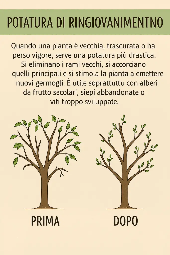 Come Potare Piante da Frutto, Rose, Siepi e Bonsai: Tecniche 3 Illustrazione educativa con esempio di potatura di ringiovanimento: a sinistra pianta vecchia e disordinata con rami secchi, a destra la stessa pianta potata con rami accorciati e nuovi germogli in crescita.