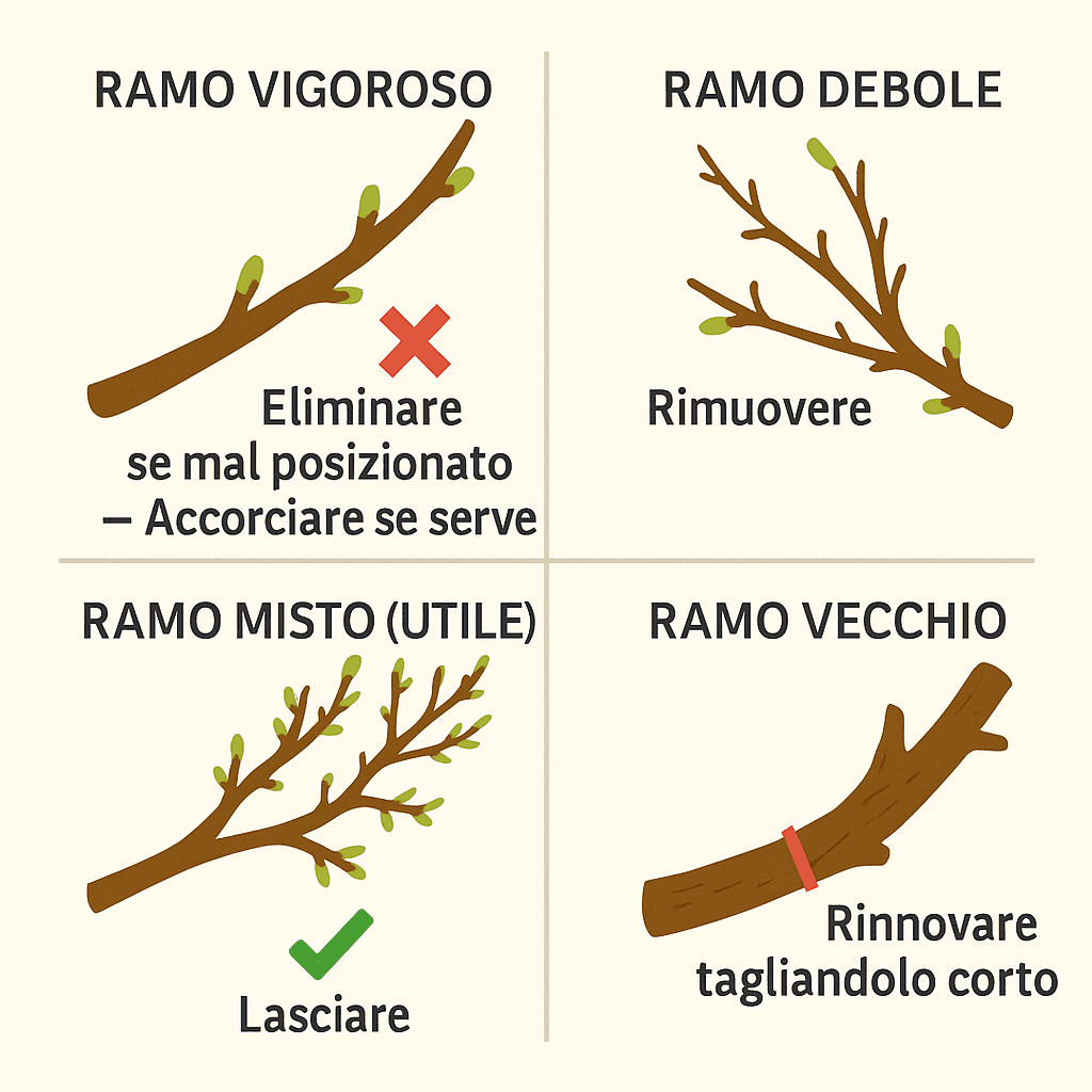 Coltivazione del pesco: tecniche, cure e varietà consigliate 3 Schema illustrato dei rami del pesco con istruzioni di potatura: ramo vigoroso da accorciare o eliminare, ramo debole da rimuovere, ramo misto da lasciare, ramo vecchio da rinnovare con taglio corto