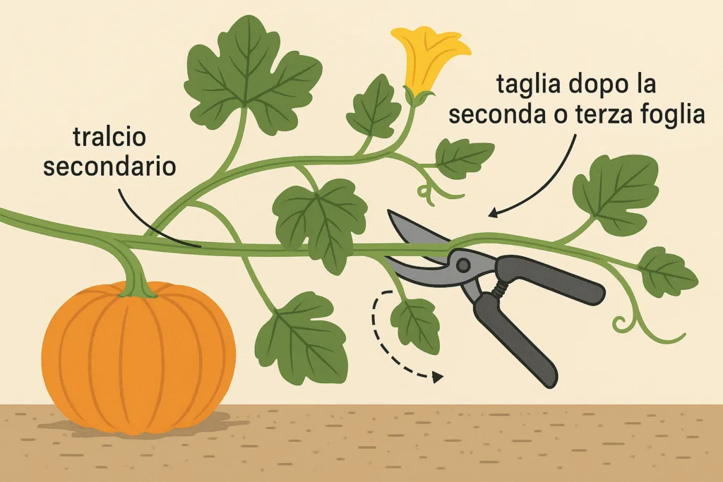 Come Coltivare la Zucca nell'Orto e in Vaso: Guida Completa 9 Schema di potatura della pianta di zucca con indicazione di taglio sopra la seconda o terza foglia