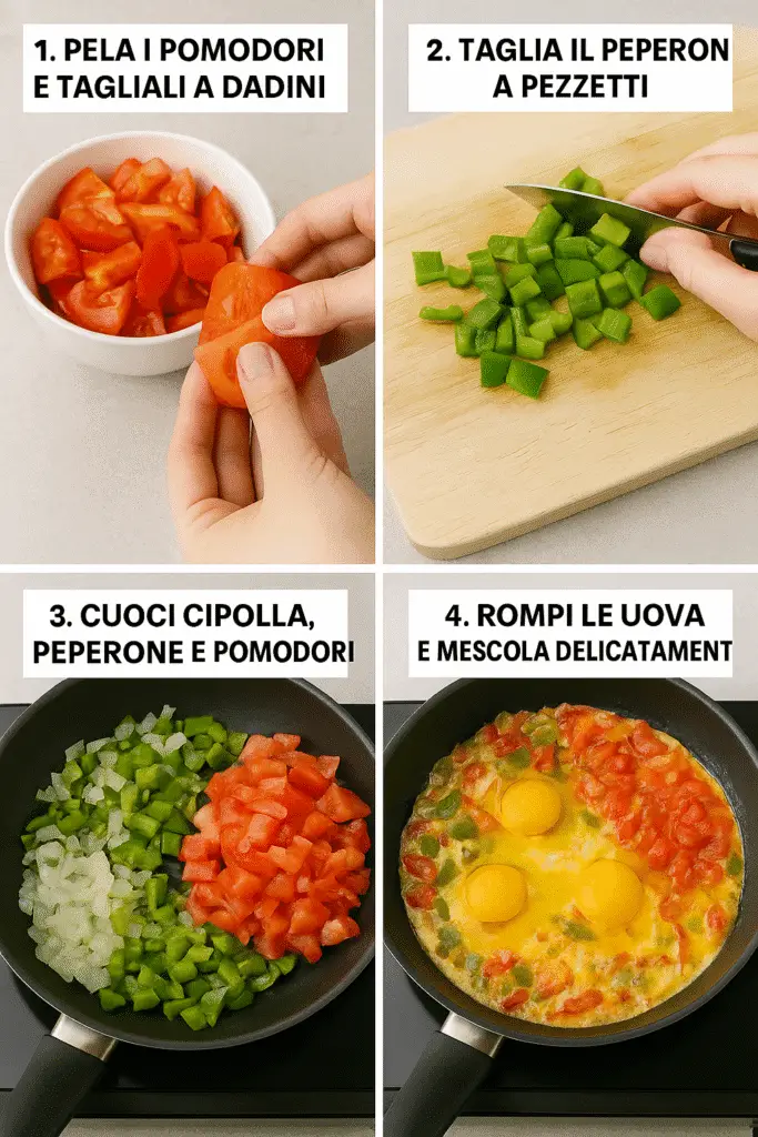 Menemen Turco con Verdure dell'Orto: Ricetta Originale 2 Passaggi per preparare il menemen turco: pomodori pelati e tagliati, peperoni a pezzetti, cottura con cipolla e aggiunta delle uova in padella