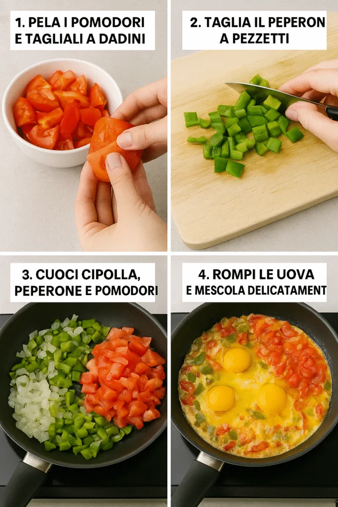 Menemen Turco con Verdure dell'Orto: Ricetta Originale 2 Passaggi per preparare il menemen turco: pomodori pelati e tagliati, peperoni a pezzetti, cottura con cipolla e aggiunta delle uova in padella