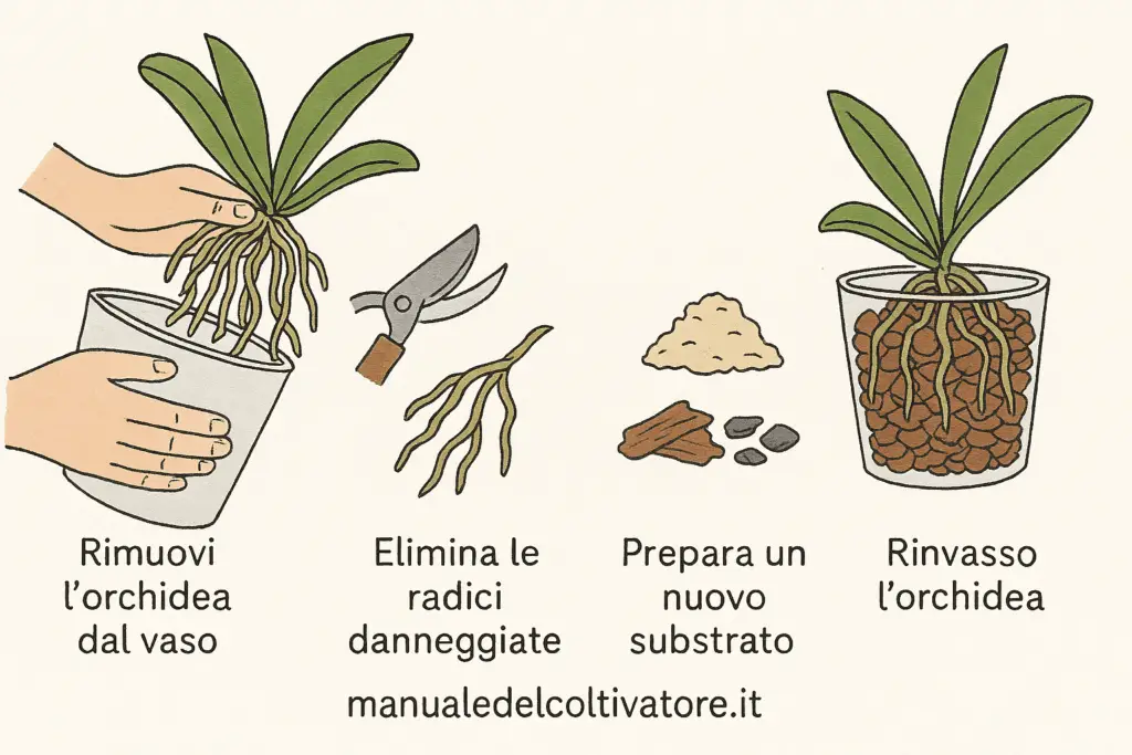 Cura Orchidee in Casa: Innaffiare, Rinvasare e Far Rifiorire 9 Infografica illustrata con i passaggi per rinvasare un’orchidea in vaso trasparente: rimozione, potatura radici, preparazione substrato, rinvaso finale