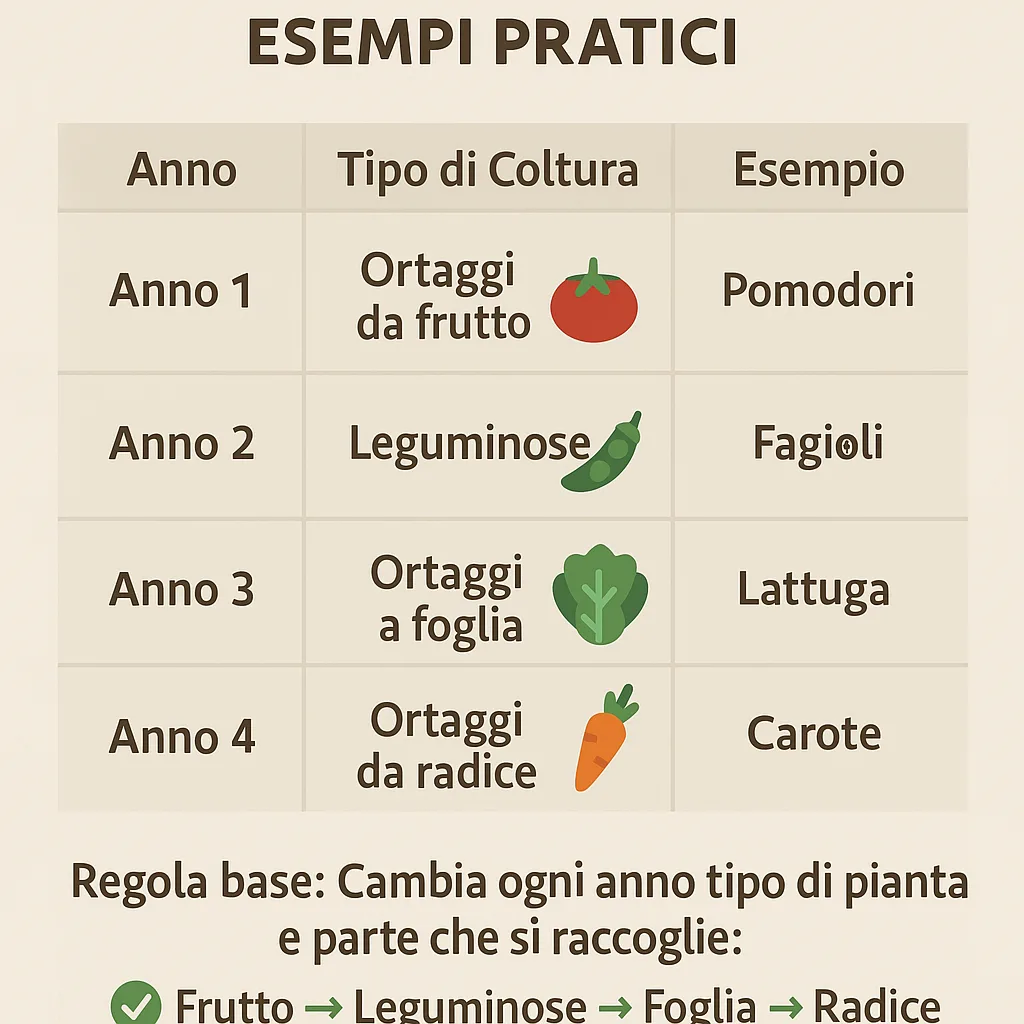Rotazione delle Colture: Come e Perché Farla nell’Orto 3 Infografica in italiano intitolata “Cosa Coltivare Dopo: Esempi Pratici”. Mostra uno schema di rotazione delle colture su 4 anni:Anno 1: pomodori (frutto)Anno 2: fagioli o piselli (leguminose)Anno 3: lattuga o bietola (foglia)Anno 4: carote o cipolle (radice)Include un promemoria visivo: alternare ogni anno il tipo di pianta e la parte che si raccoglie (frutto, foglia, radice) per mantenere il terreno equilibrato. Grafica semplice con icone di ortaggi e colori naturali.