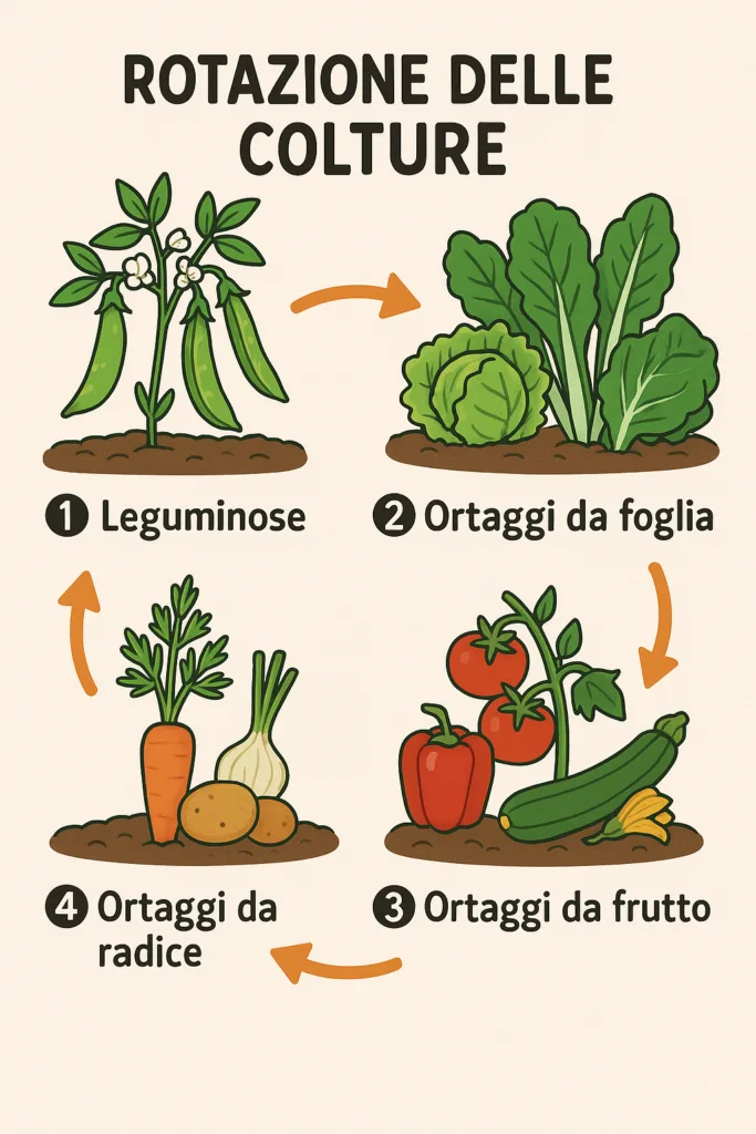 Rotazione delle Colture: Come e Perché Farla nell’Orto 1 Schema illustrativo della rotazione delle colture in 4 fasi, disposte in cerchio con frecce che indicano il passaggio da un anno all’altro. Ogni sezione mostra un tipo di coltura: leguminose (fagioli, piselli), ortaggi a foglia (lattuga, cavolo), ortaggi da frutto (pomodoro, zucchina) e ortaggi da radice (carota, patata). Colori vivaci e disegni semplici rendono chiaro il concetto. Titolo in alto: