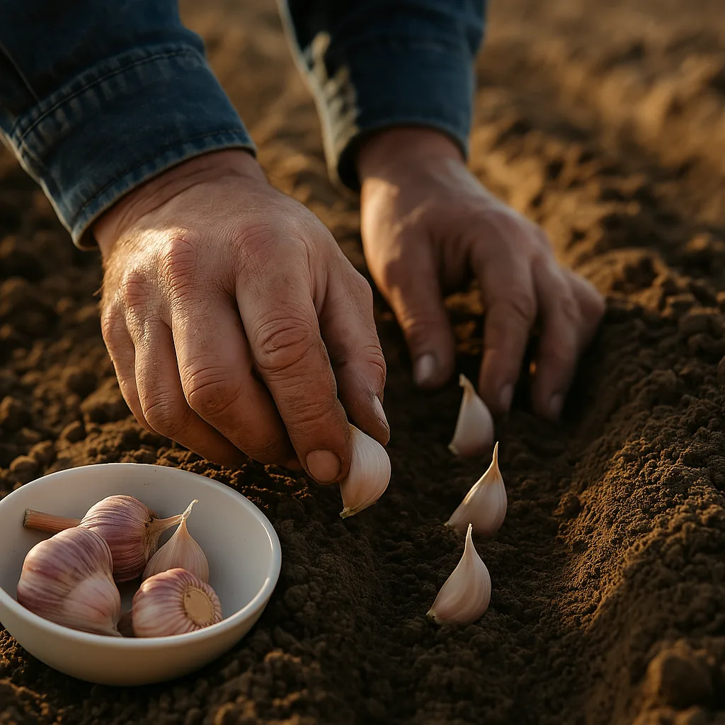 Coltivare Aglio Biologico: Terreno, Semina, Concimazione 2 Primo piano di mani umane che piantano spicchi d'aglio nel terreno preparato, durante la semina autunnale. Il terreno appare soffice e ben lavorato, ideale per la coltivazione dell'aglio.