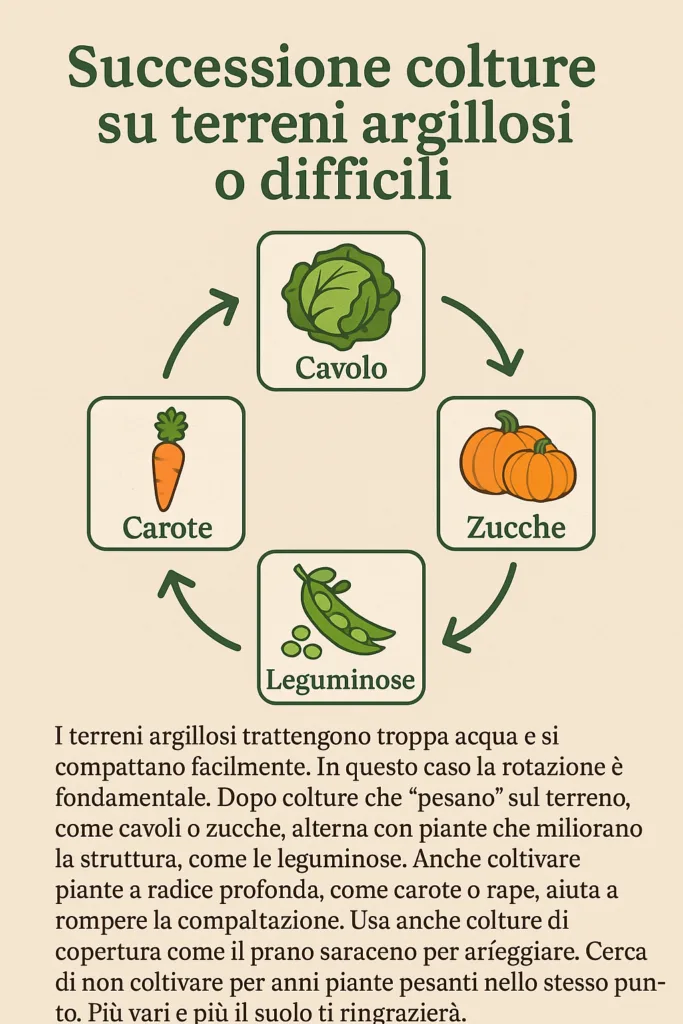 Rotazione delle Colture: Come e Perché Farla nell’Orto 4 Infografica in italiano sulla rotazione delle colture in terreni argillosi. Mostra un ciclo con frecce e immagini di cavolo, carota, leguminosa e grano saraceno, con il titolo 'Successione colture su terreni argillosi o difficili'.