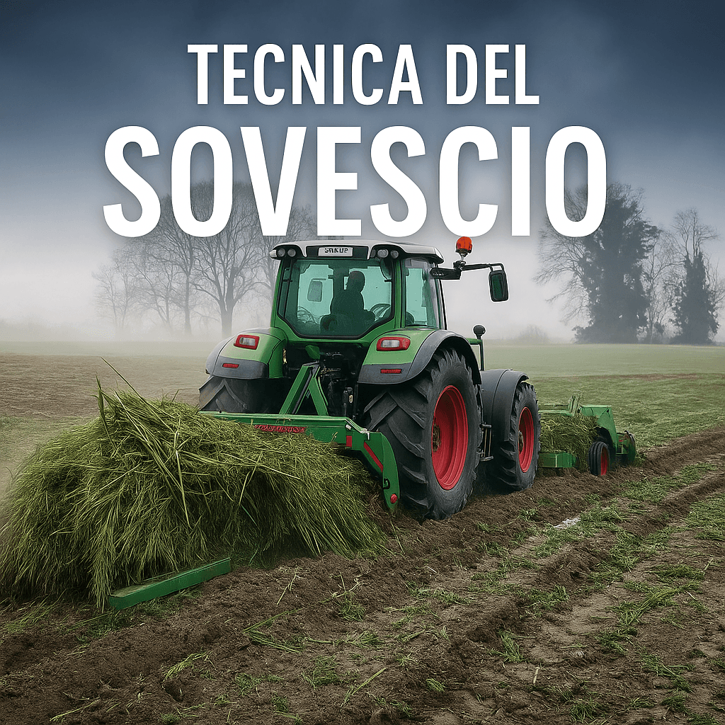 trattore che interra piante verdi per la tecnica del sovescio in un campo agricolo