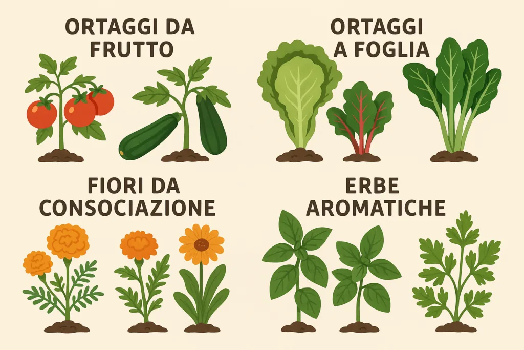 Calendario Semina Orto Mese per Mese: Guida Completa 2 Illustrazione didattica divisa in quattro sezioni con titolo in italiano. Mostra ortaggi da frutto (pomodori, zucchine), ortaggi a foglia (lattuga, bietola), fiori da consociazione (tagete, calendula) ed erbe aromatiche (basilico, prezzemolo), su sfondo chiaro e ordinato.