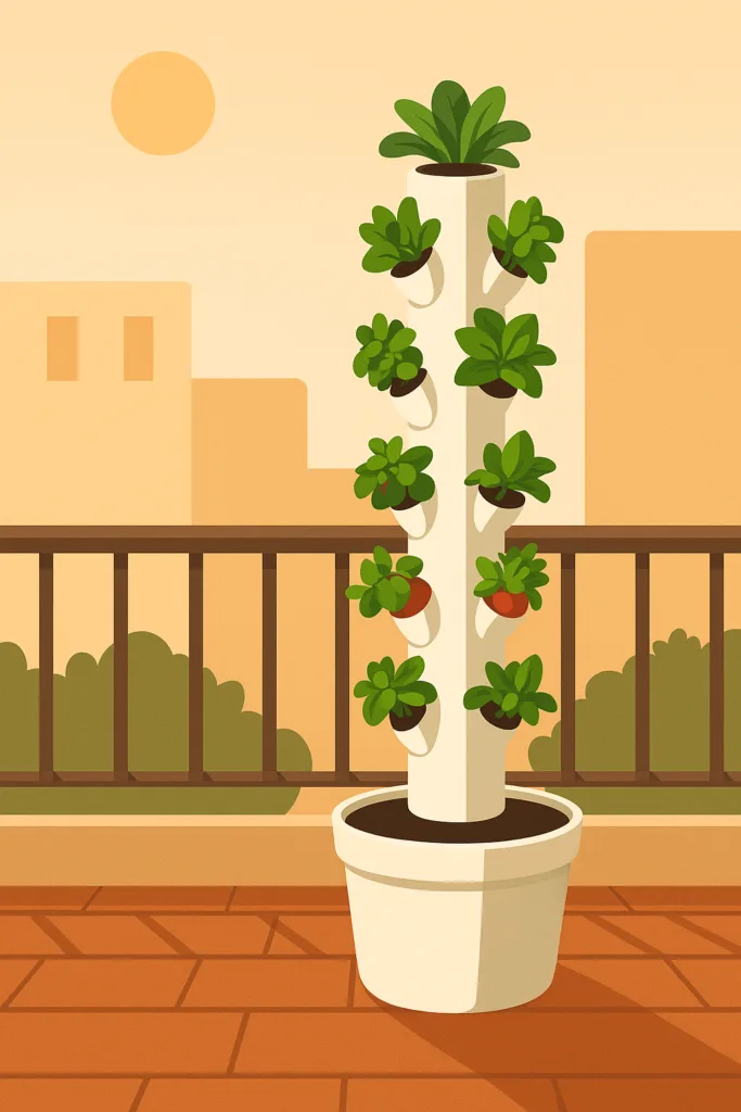 Coltivazione Idroponica in Casa: Guida Completa per Iniziare 9 Torre idroponica verticale a più livelli posizionata su un balcone, con piante verdi rigogliose e serbatoio d'acqua alla base. Sistema compatto e automatizzato per coltivare in poco spazio