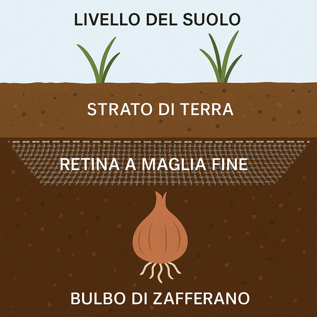 Zafferano Fai da Te: Coltivazione Facile in Vaso o in Orto 6 Schema in sezione della messa a dimora del bulbo di zafferano con retina protettiva interrata e strati di terreno visibili
