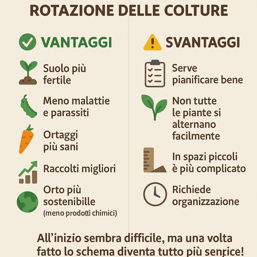Rotazione delle Colture: Come e Perché Farla nell’Orto 2 Infografica in italiano divisa in due colonne con il titolo “Vantaggi e Svantaggi della Rotazione delle Colture”. A sinistra, elenco dei vantaggi con icone: suolo più fertile, meno malattie e parassiti, ortaggi più sani, raccolti migliori e maggiore sostenibilità. A destra, elenco degli svantaggi con icone: necessità di pianificazione, difficoltà nell’alternare le piante, gestione complicata in spazi piccoli e bisogno di organizzazione. Stile semplice e colori piatti, adatta a scopi educativi.