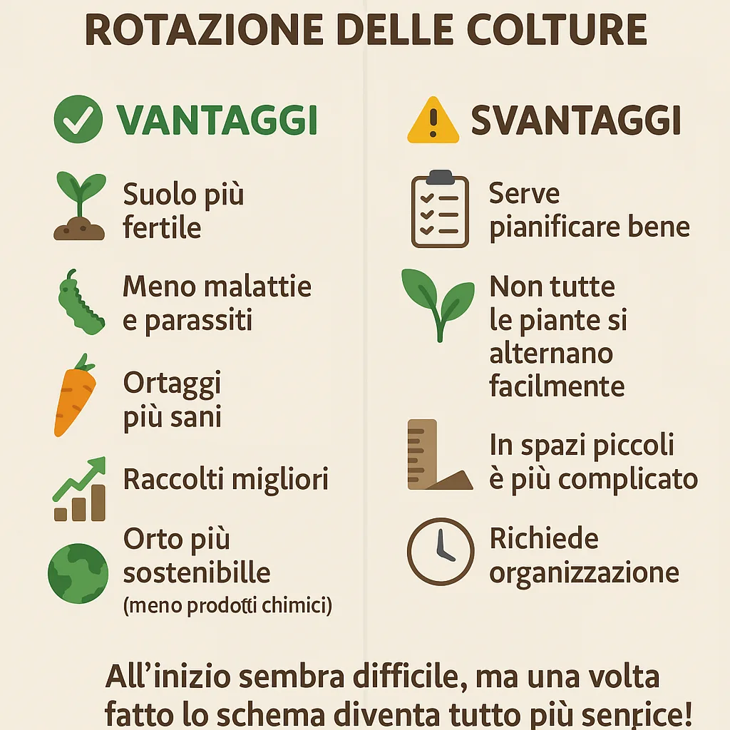 Rotazione delle Colture: Come e Perché Farla nell’Orto 2 Infografica in italiano divisa in due colonne con il titolo “Vantaggi e Svantaggi della Rotazione delle Colture”. A sinistra, elenco dei vantaggi con icone: suolo più fertile, meno malattie e parassiti, ortaggi più sani, raccolti migliori e maggiore sostenibilità. A destra, elenco degli svantaggi con icone: necessità di pianificazione, difficoltà nell’alternare le piante, gestione complicata in spazi piccoli e bisogno di organizzazione. Stile semplice e colori piatti, adatta a scopi educativi.