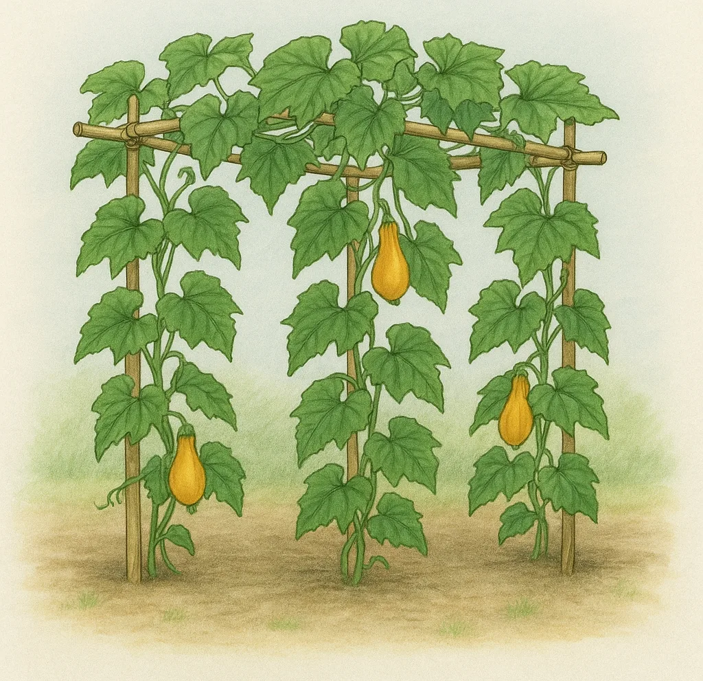 Come Coltivare la Zucca nell'Orto e in Vaso: Guida Completa 7 Struttura di pergolato in canne di bambù per coltivare zucche rampicanti nell'orto