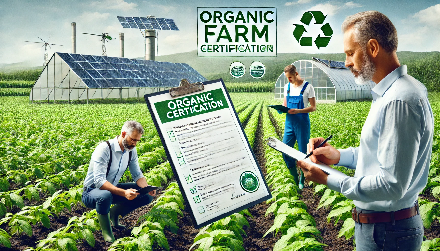 Un ispettore agricolo verifica le coltivazioni in una fattoria biologica, esaminando i documenti di certificazione mentre i coltivatori prendono appunti.