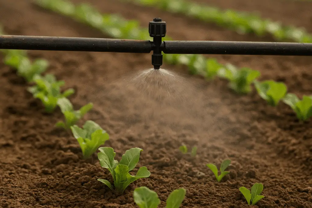 Impianto Microirrigazione: Vantaggi, Costi, Errori Tipici 2 Micro-spruzzo per irrigazione localizzata con nebulizzatore su insalate in campo, dettaglio acqua nebulizzata per colture fitte e vivai