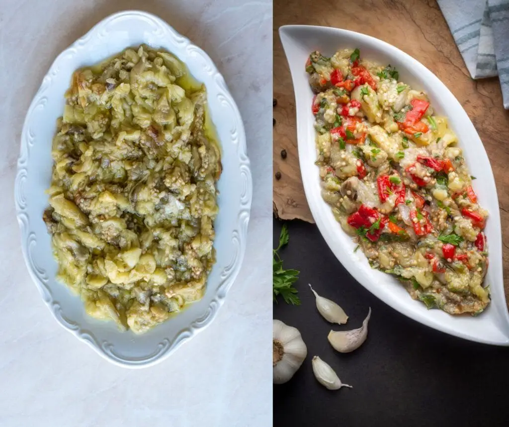 Ricetta Turca Koz Patlican Salatasi con melanzane affumicate 5 Insalata turca di melanzane affumicate con peperoncino, servita in una ciotola decorata con olio extravergine d’oliva e prezzemolo